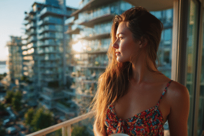 Woman on balcony holding coffee, symbolizing health, discipline, and peaceful confidence
