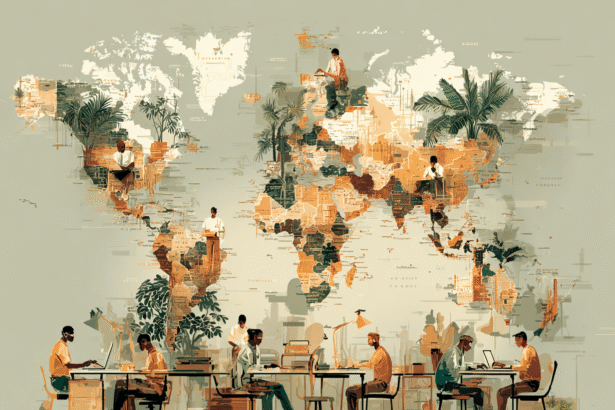Illustration of remote workers collaborating across the globe with a world map background