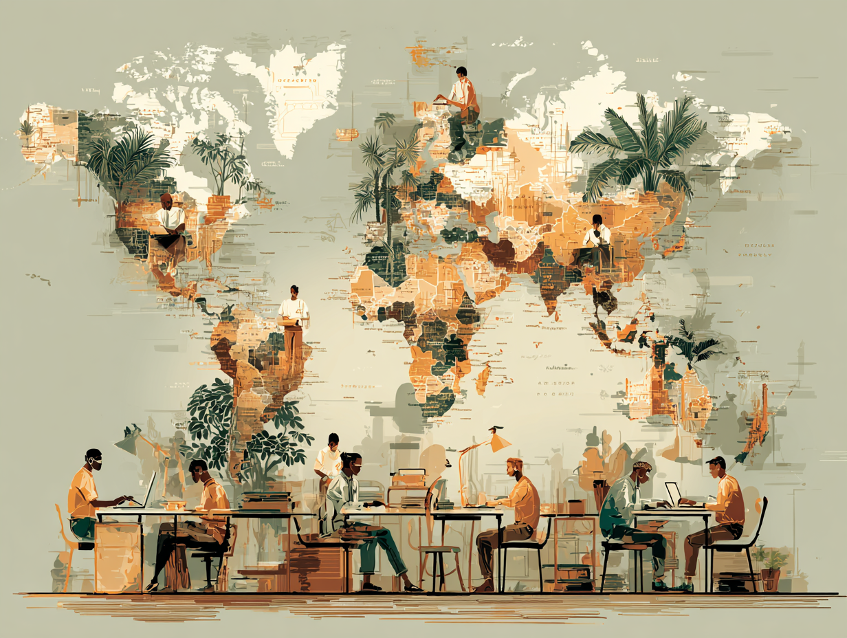 Illustration of remote workers collaborating across the globe with a world map background