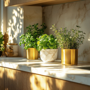 Fresh herbs in gold and marble planters on a marble countertop with warm natural light