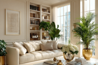 Sophisticated living room with plants in gold metal pots, neutral sofa, and marble coffee table
