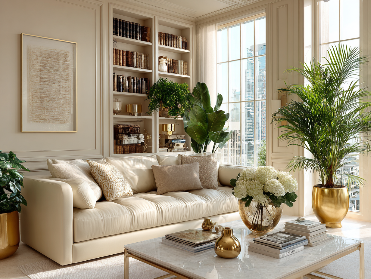 Sophisticated living room with plants in gold metal pots, neutral sofa, and marble coffee table