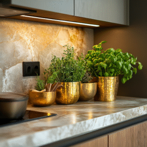 Close-up of fresh herbs like basil and thyme in hammered gold pots on a marble kitchen counter.