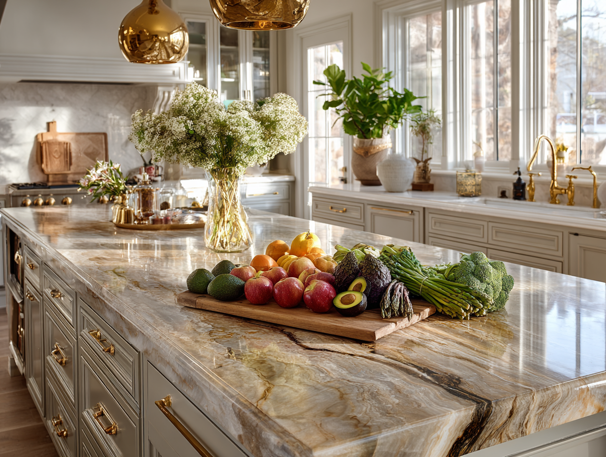 A sunlit kitchen island with fresh fruits and vegetables, symbolizing a healthy lifestyle shift