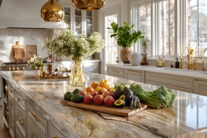 Fruits and vegetables on marble kitchen counter
