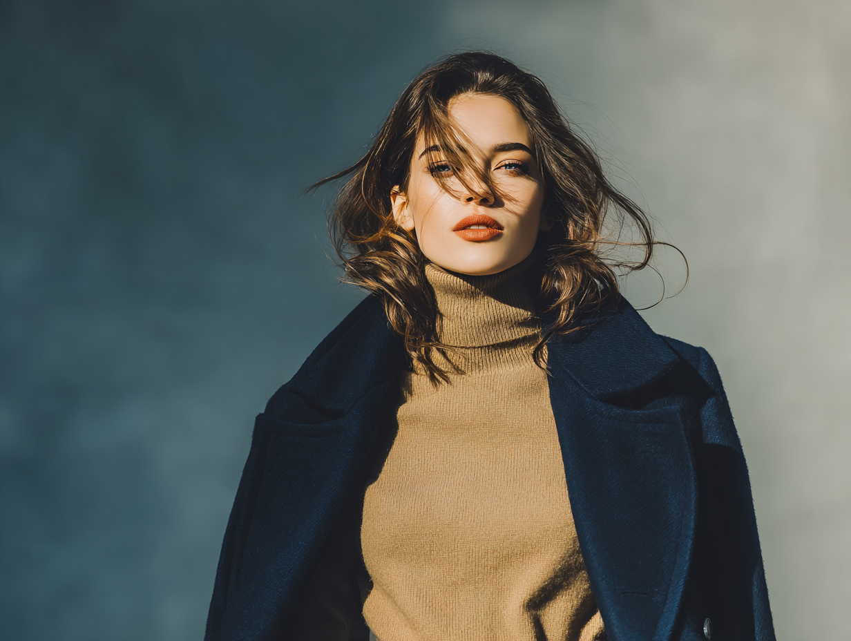 Woman in neutral turtleneck and navy coat posing confidently with windblown hair