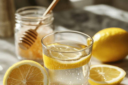 A glass of homemade electrolyte water with lemon slices, Himalayan salt, and raw honey on a marble surface