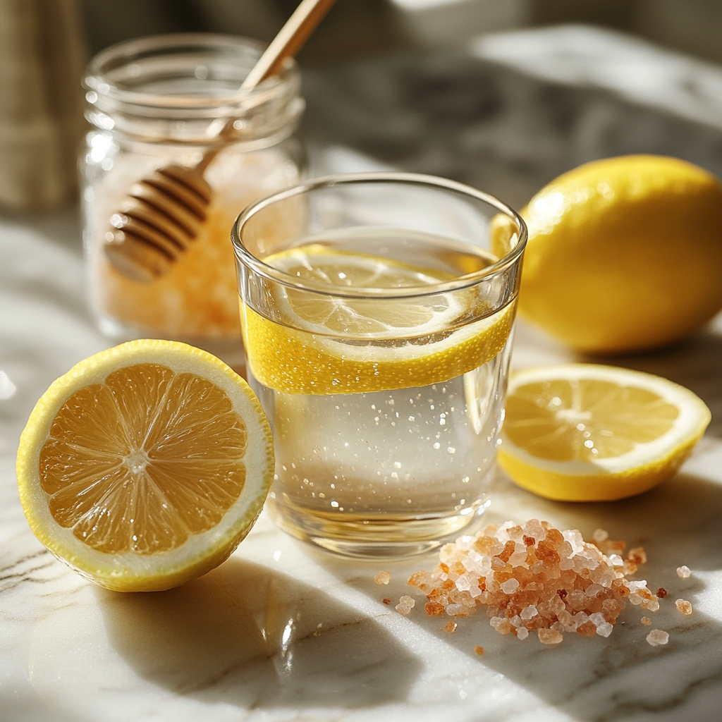 A glass of homemade electrolyte water with lemon slices, Himalayan salt, and raw honey on a marble surface