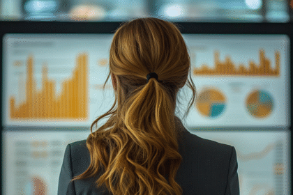 Businesswoman viewing AI-generated graphs and data for strategic planning