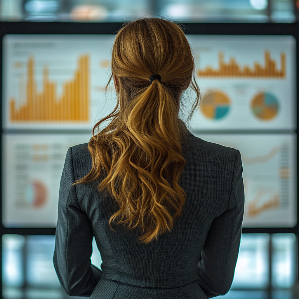 Businesswoman viewing AI-generated graphs and data for strategic planning