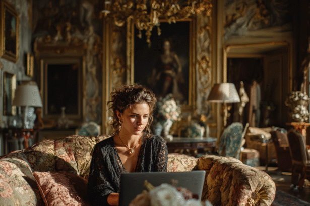 Elegant woman working on laptop in a luxurious room, representing hyperproductivity powered by AI