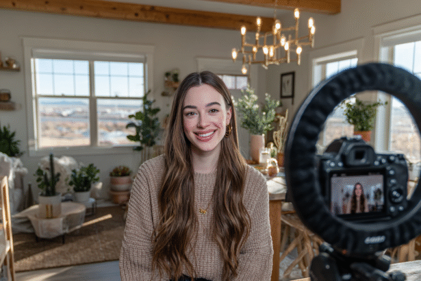 Woman hosting a live shopping stream with a camera and ring light setup