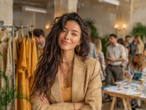 Fashion host standing in a boutique, preparing for a live shopping event