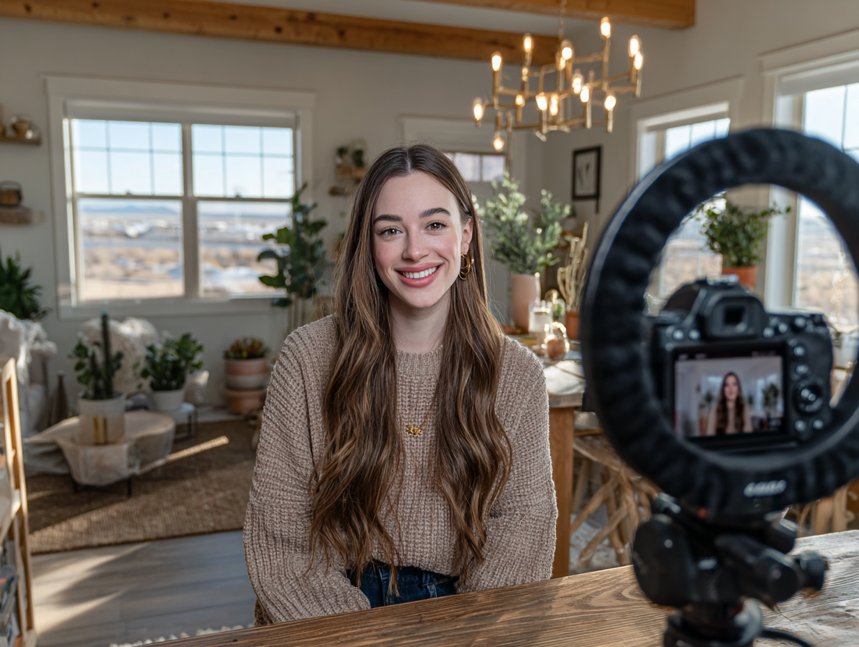 Woman hosting a live shopping stream with a camera and ring light setup