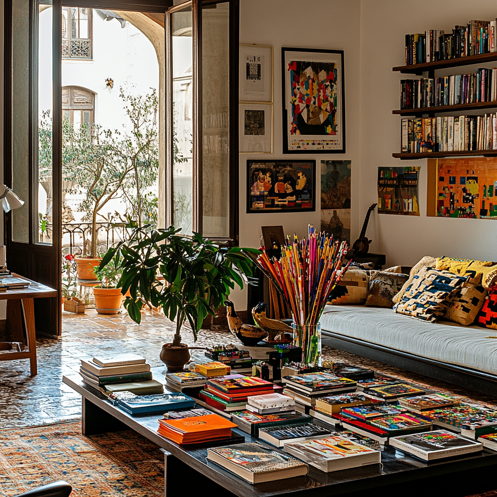 Maximalist living room with layered books, pillows, and colorful art