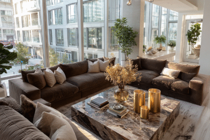 Modern living room with brown velvet sofas, marble coffee table, and bold brushed gold accents
