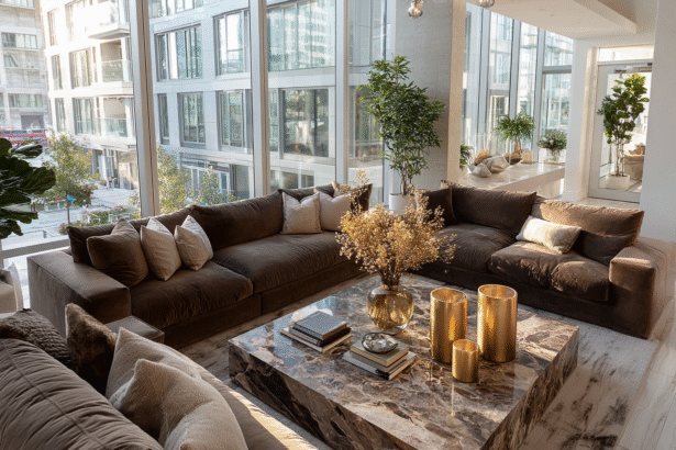 Modern living room with brown velvet sofas, marble coffee table, and bold brushed gold accents