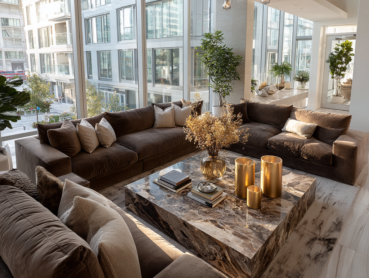 Modern living room with brown velvet sofas, marble coffee table, and bold brushed gold accents