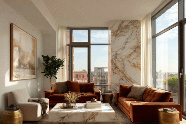 Elegant minimalist living room with velvet sofas and marble coffee table