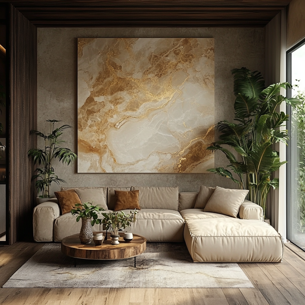 Soft-toned minimalist living room with beige sectional, wooden coffee table, and indoor plants