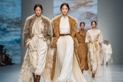 Models walking the runway in elegant faux fur coats and neutral-toned fashion