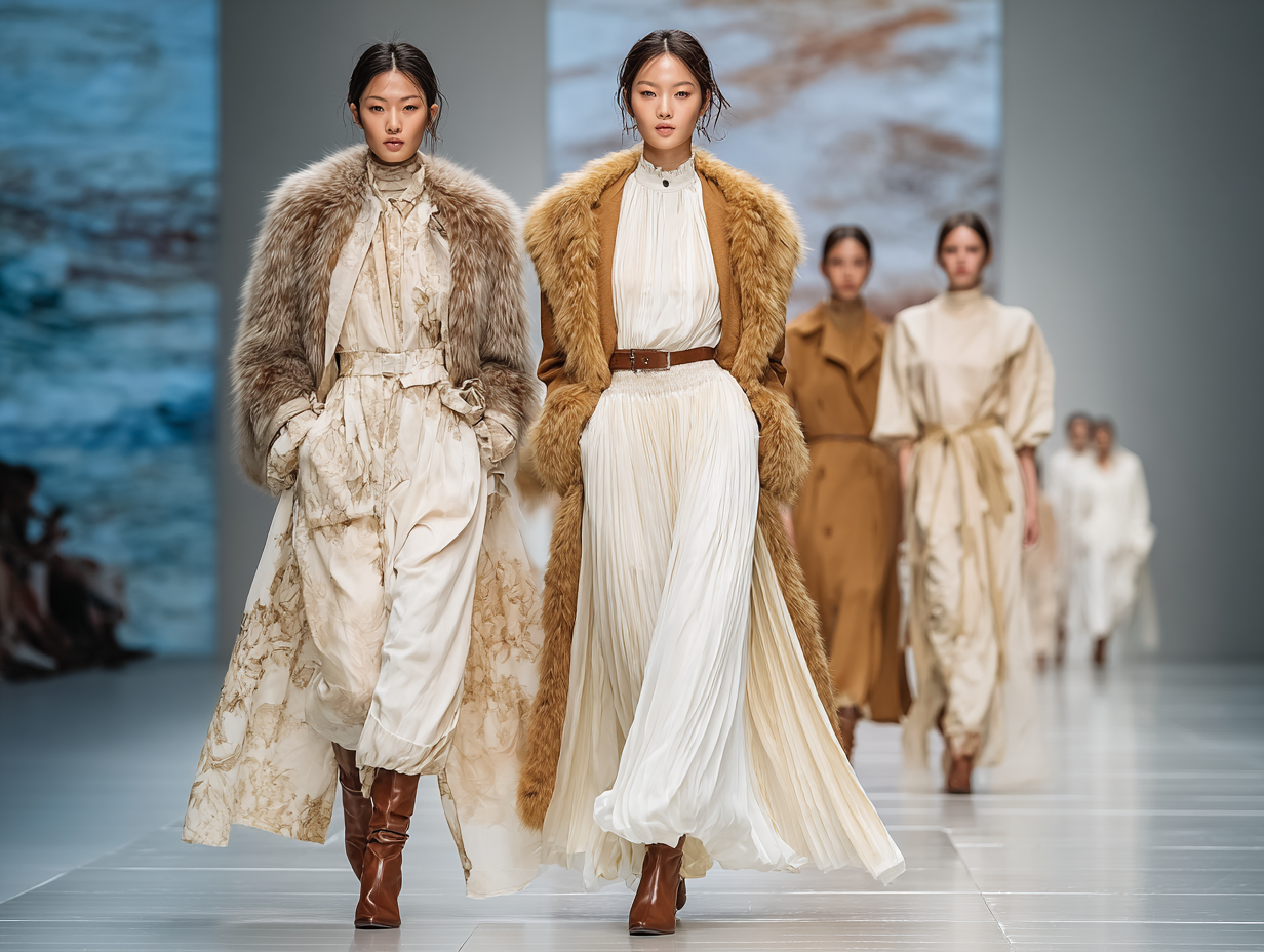Models walking the runway in elegant faux fur coats and neutral-toned fashion