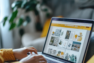 Woman browsing product design freelancers on Fiverr while working from home on a laptop