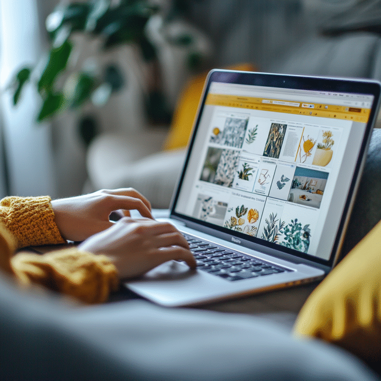 Woman browsing product design freelancers on Fiverr while working from home on a laptop