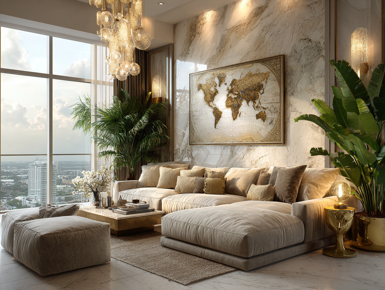 Large L-shaped beige sectional sofa in a bright, marble-accented luxury living room with world map wall art