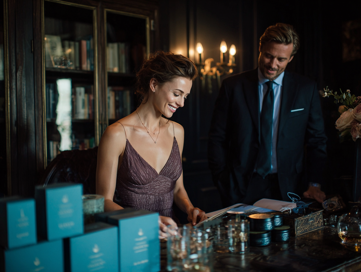 Woman smiling while preparing a luxury product launch, with a man in a suit observing in a sophisticated dark-toned office
