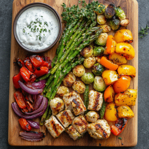 High-protein high-fiber plate with grilled chicken, roasted vegetables, and yogurt dip