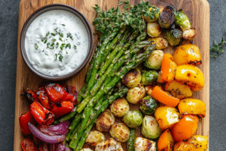 High-protein high-fiber plate with grilled chicken, roasted vegetables, and yogurt dip