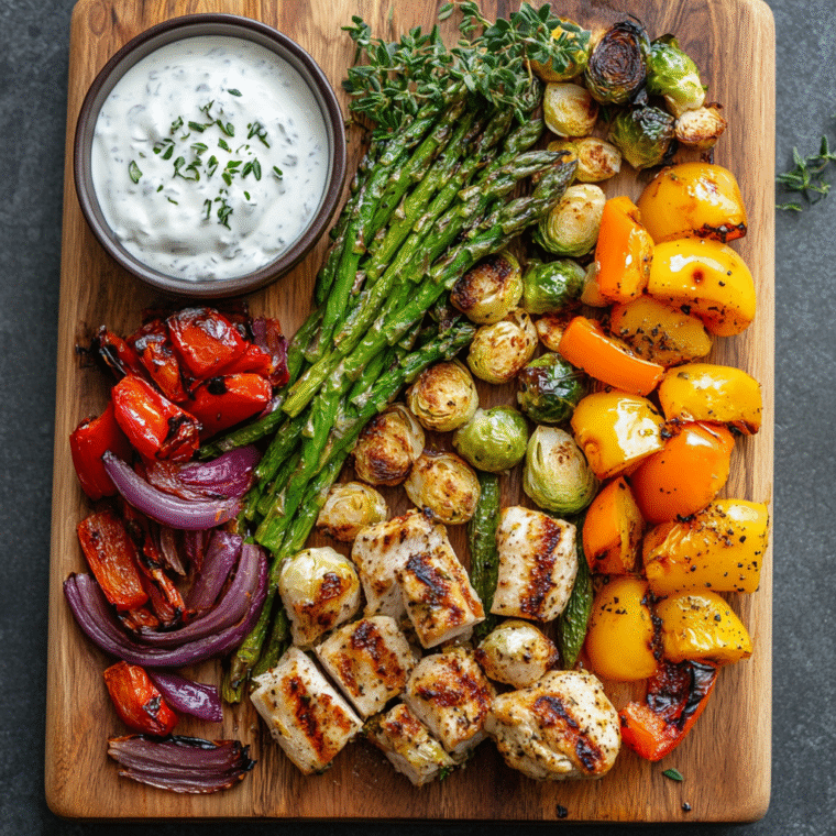 High-protein high-fiber plate with grilled chicken, roasted vegetables, and yogurt dip