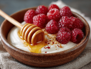 Greek yogurt bowl with raw honey and fresh raspberries