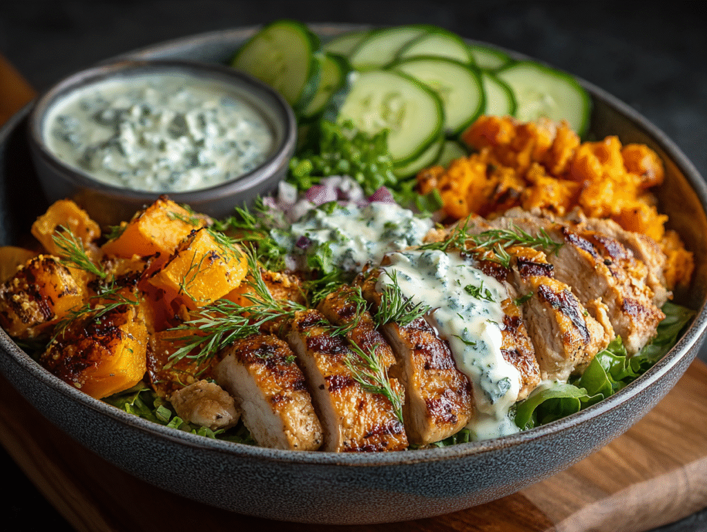 High-protein, fiber-rich bowl with grilled chicken, sweet potatoes, cucumbers, and tzatziki sauce