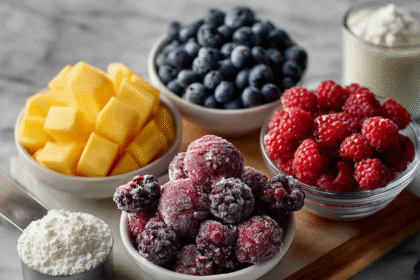 Protein powder with frozen berries, mango, and Greek yogurt ingredients on marble countertop.