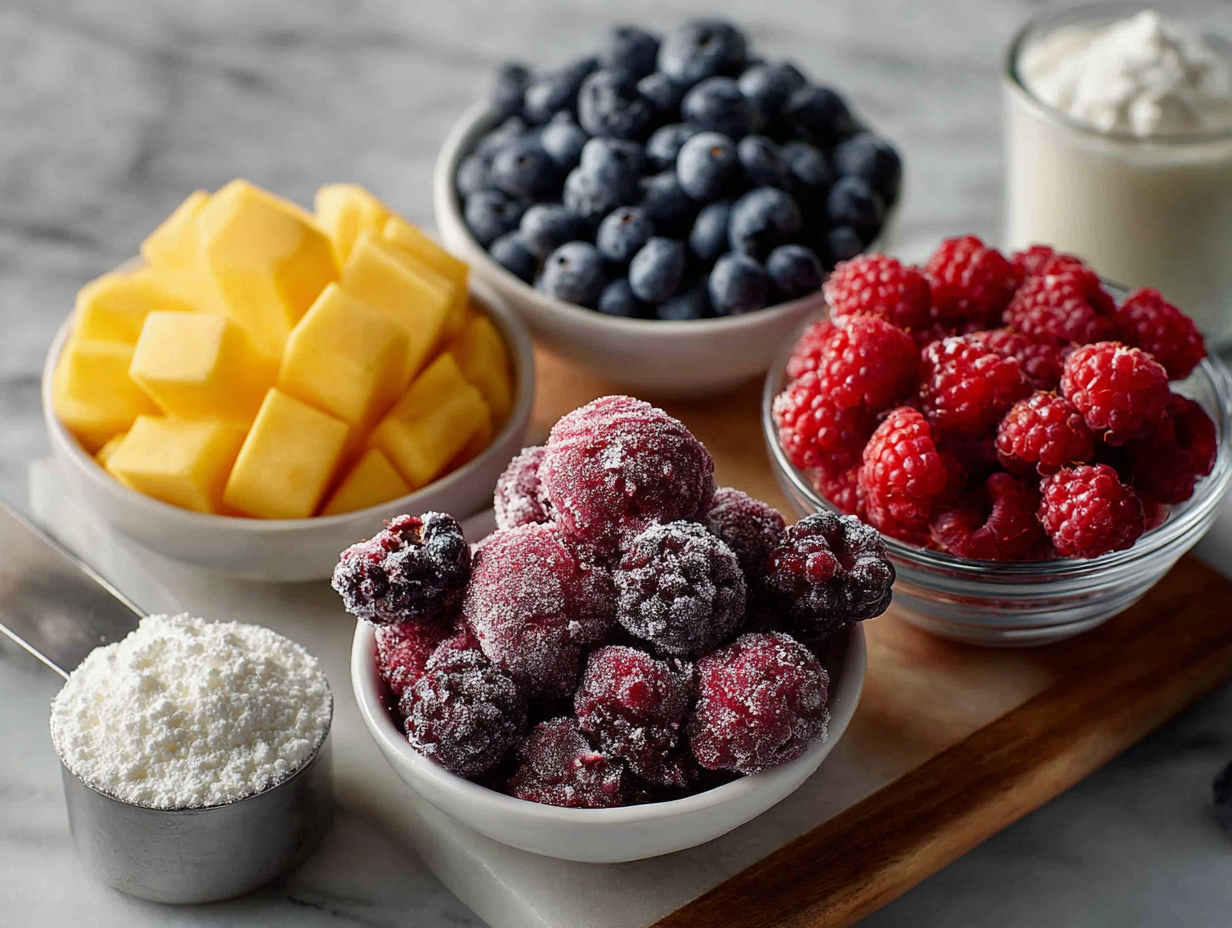 Protein powder with frozen berries, mango, and Greek yogurt ingredients on marble countertop.