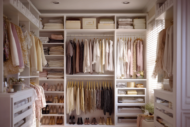 Beautifully organized wardrobe in soft neutral tones, showcasing the quiet luxury aesthetic with tailored pieces, natural fabrics, and minimal accessories.