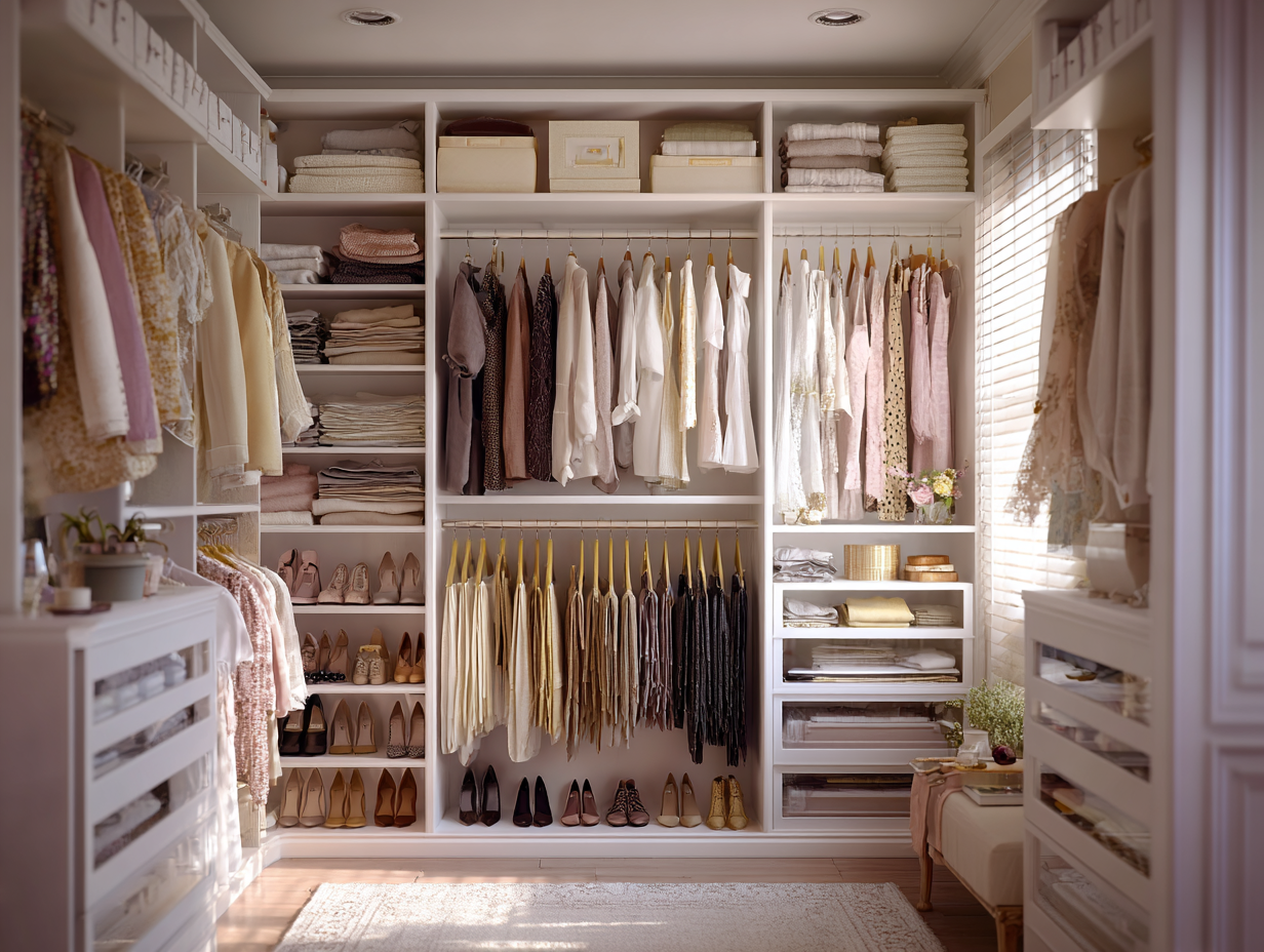 Beautifully organized wardrobe in soft neutral tones, showcasing the quiet luxury aesthetic with tailored pieces, natural fabrics, and minimal accessories.