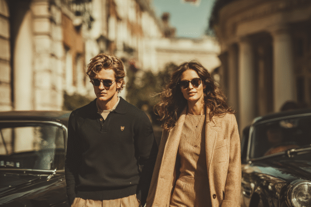 Stylish couple in classic quiet luxury outfits walking down a city street with vintage cars