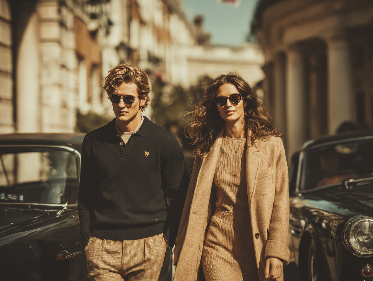 Stylish couple in classic quiet luxury outfits walking down a city street with vintage cars