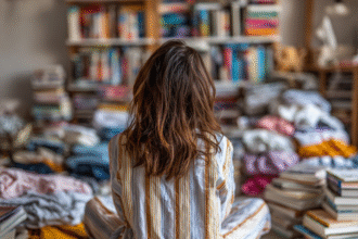 Woman sitting among piles of clothes and books, symbolizing choices around recycled and recyclable materials