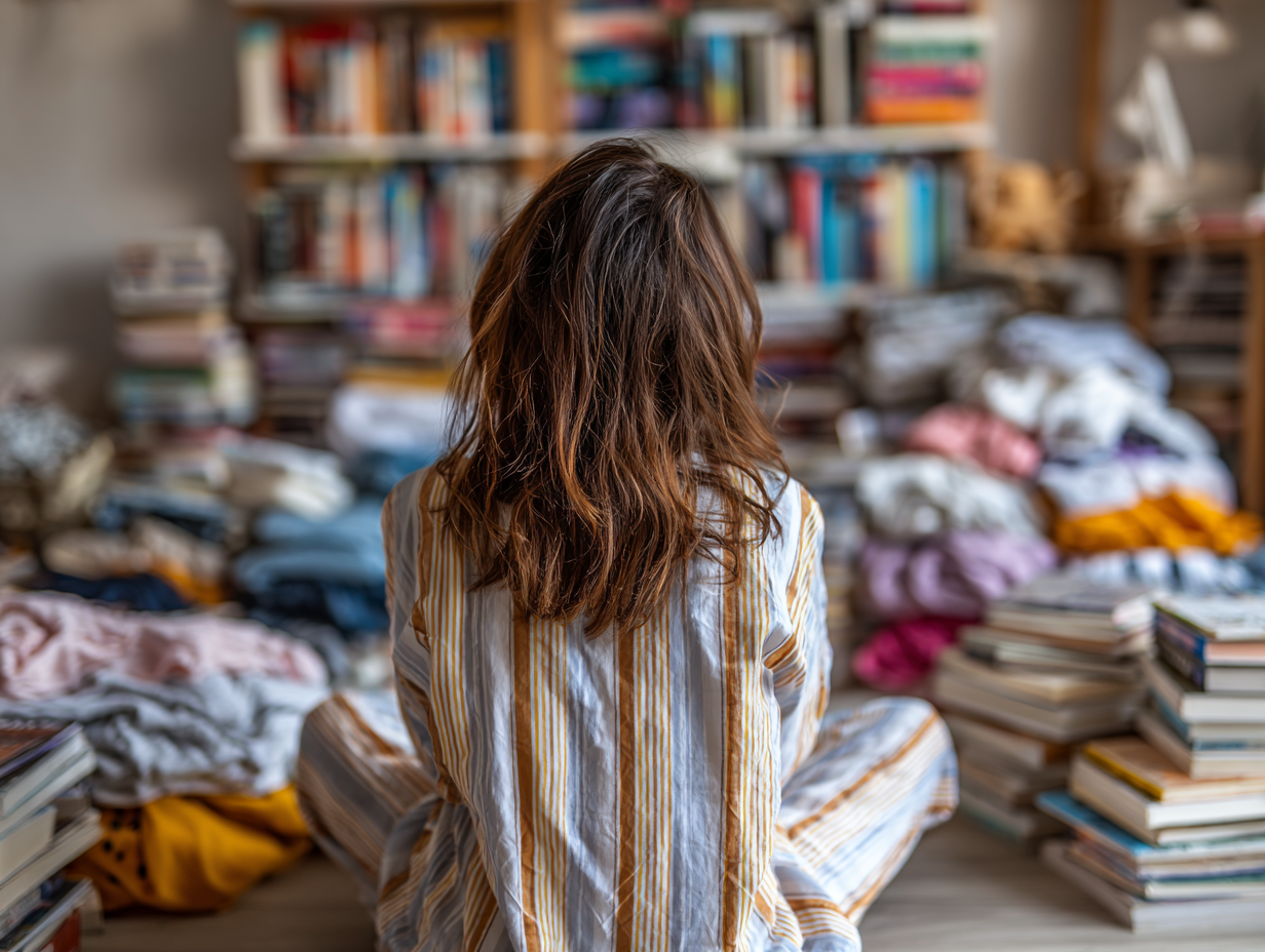 Woman sitting among piles of clothes and books, symbolizing choices around recycled and recyclable materials