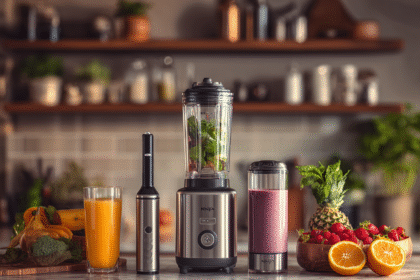 A modern smoothie station with blenders, fruit, and fresh ingredients on a kitchen counter