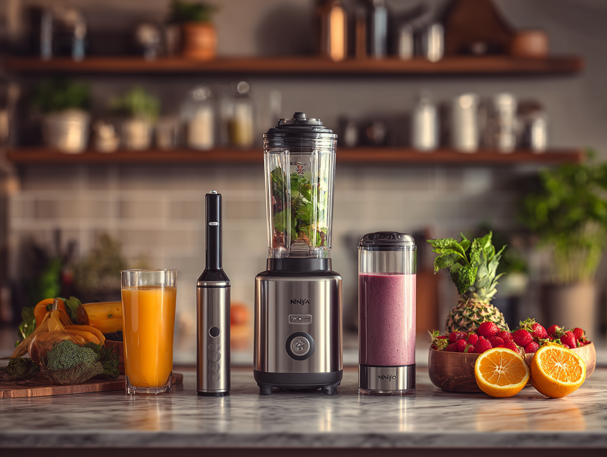 A modern smoothie station with blenders, fruit, and fresh ingredients on a kitchen counter
