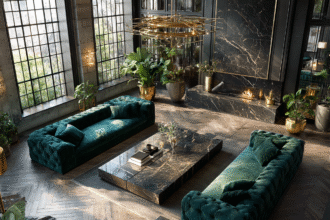 Two emerald green velvet sofas facing each other in a luxurious living room with black marble fireplace and large windows