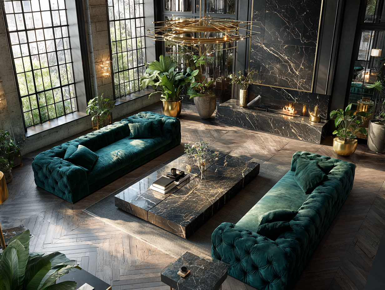 Two emerald green velvet sofas facing each other in a luxurious living room with black marble fireplace and large windows