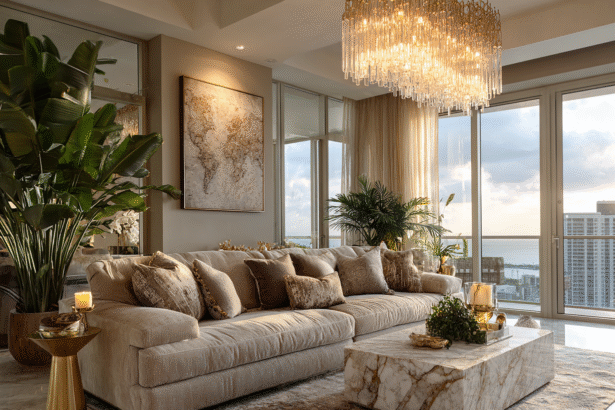 Chic living room with chandelier, world map wall art, large indoor plants, and marble coffee table