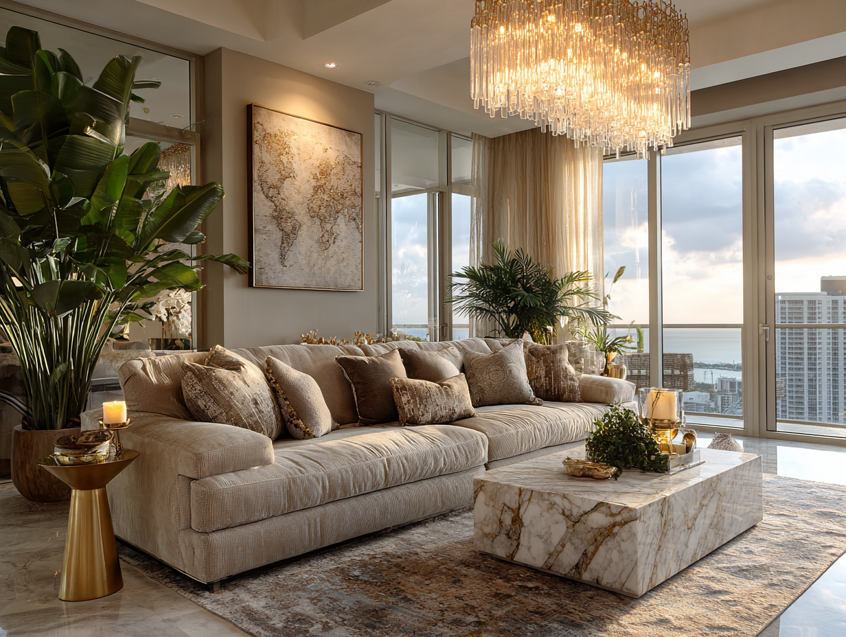 Chic living room with chandelier, world map wall art, large indoor plants, and marble coffee table