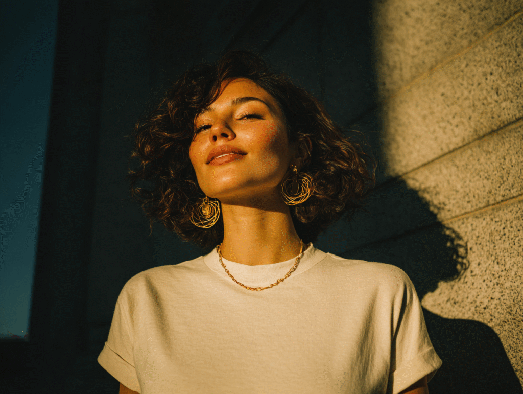 Woman in a white T-shirt styled with statement gold earrings and a chain necklace